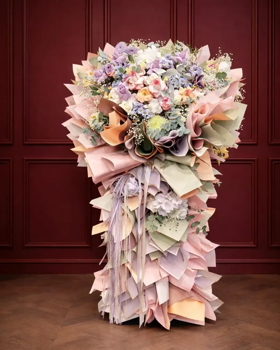 Bordo zemin önünde pastel tonlarda heykelsi floral tasarım